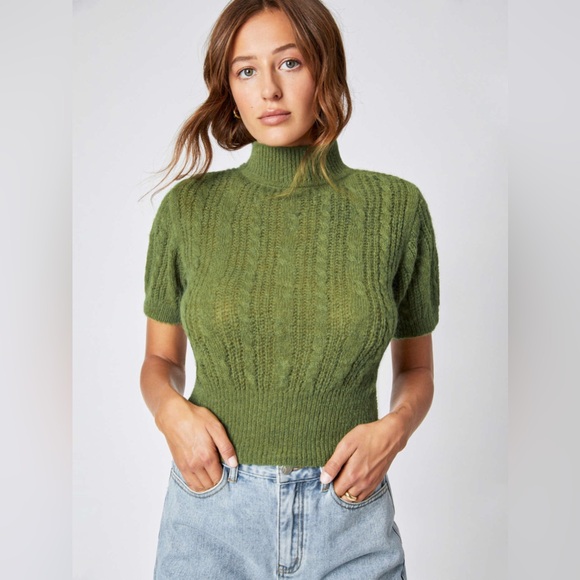Cider Sweaters - Cider | Women’s Olive Green Short Sleeve Cable Knit Mock Neck Sweater Size 0XL